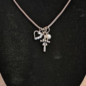 Elegant Silver Heart and Cross Pendant Necklace